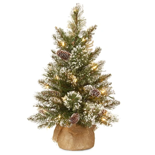 2ft. Pre-lit Glittery Bristle® Pine & Burlap Artificial Christmas Tree, Warm White LED Lights 2 2ft. Pre-lit Glittery Bristle® Pine & Burlap Artificial Christmas Tree, Warm White LED Lights - Image 2