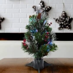 18" Fiber Optic Color Changing Ice Crestwood Artificial Christmas Tree With Silver Bristle, Pineones, Red Berries & Glitter 7 18" Fiber Optic Color Changing Ice Crestwood Artificial Christmas Tree With Silver Bristle, Pineones, Red Berries & Glitter -Northlight Decor Store D206311S 12