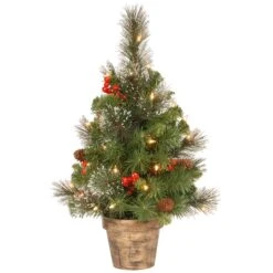 2ft. Pre-Lit Crestwood Spruce Small Tree With Silver Bristle, Cones, Red Berries & Glitter In A Plastic Bronze Pot, Clear Lights