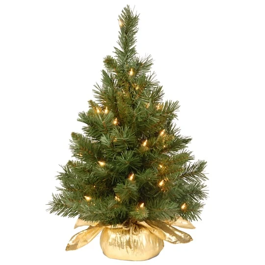 24" Pre-Lit Majestic Fir Tree In Gold Cloth Bag, Clear Lights 1 24" Pre-Lit Majestic Fir Tree In Gold Cloth Bag, Clear Lights