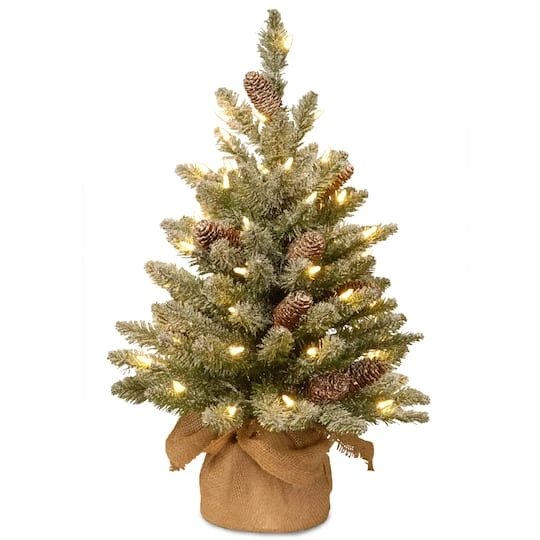 2ft. Snowy Concolor Fir Small Artificial Christmas Tree In Burlap With Snowy Cones, Warm White LED Lights 2 2ft. Snowy Concolor Fir Small Artificial Christmas Tree In Burlap With Snowy Cones, Warm White LED Lights - Image 2
