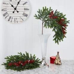 34" Pine & Berries Artificial Hanging Plant Set -Northlight Decor Store D251223S 4