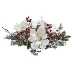 17" Frosted Magnolia & Berry Artificial Arrangement Candelabrum
