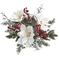 17" Frosted Magnolia & Berry Artificial Arrangement Candelabrum 9 17" Frosted Magnolia & Berry Artificial Arrangement Candelabrum -Northlight Decor Store D251229S 12