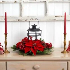 13" Poinsettia, Berry & Pine Artificial Arrangement Candelabrum 5 13" Poinsettia, Berry & Pine Artificial Arrangement Candelabrum -Northlight Decor Store D251231S 12
