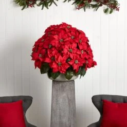 24" Large Poinsettia Artificial Plant In Stone Planter -Northlight Decor Store D251235S 12