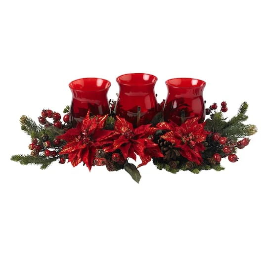 Poinsettia & Berry Triple Candelabrum Artificial Arrangement 1 Poinsettia & Berry Triple Candelabrum Artificial Arrangement