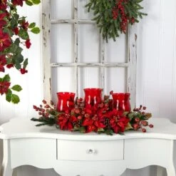 Poinsettia & Berry Triple Candelabrum Artificial Arrangement 9 Poinsettia & Berry Triple Candelabrum Artificial Arrangement -Northlight Decor Store D251236S 13