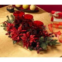 Poinsettia & Berry Triple Candelabrum Artificial Arrangement 11 Poinsettia & Berry Triple Candelabrum Artificial Arrangement -Northlight Decor Store D251236S 15