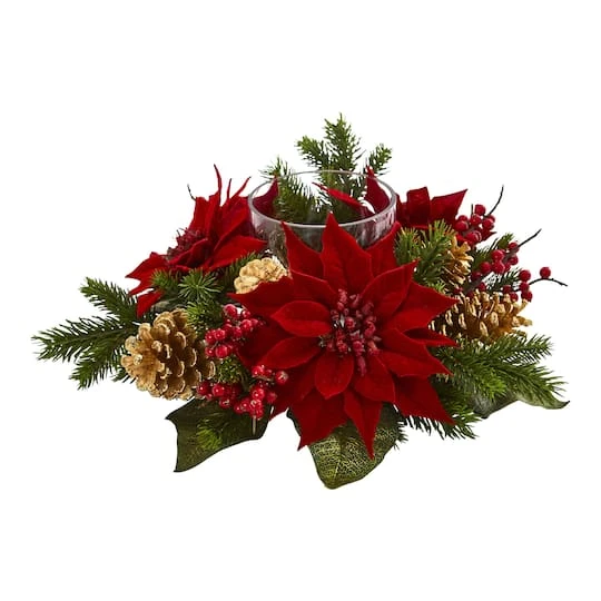 14" Poinsettia, Berry & Golden Pinecone Candelabrum Artificial Arrangement 1 14" Poinsettia, Berry & Golden Pinecone Candelabrum Artificial Arrangement