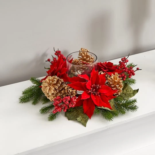 14" Poinsettia, Berry & Golden Pinecone Candelabrum Artificial Arrangement 5 14" Poinsettia, Berry & Golden Pinecone Candelabrum Artificial Arrangement - Image 5