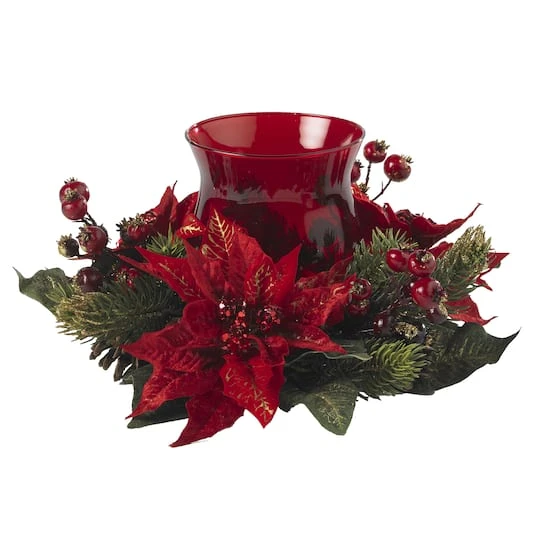 13" Poinsettia & Berry Candelabrum Artificial Arrangement 1 13" Poinsettia & Berry Candelabrum Artificial Arrangement