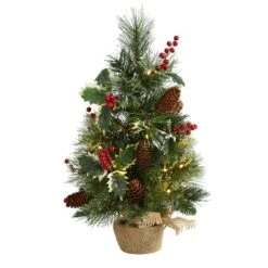 18" Pre-Lit Mixed Pine Artificial Christmas Tree With Holly Berries & Pinecones, Clear LED Lights