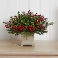 12" Potted Holiday Berry & Pine Artificial Arrangement -Northlight Decor Store D252172S 12