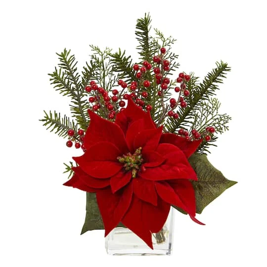 14" Potted Poinsettia, Pine & Berry Artificial Arrangement 2 14" Potted Poinsettia, Pine & Berry Artificial Arrangement - Image 2