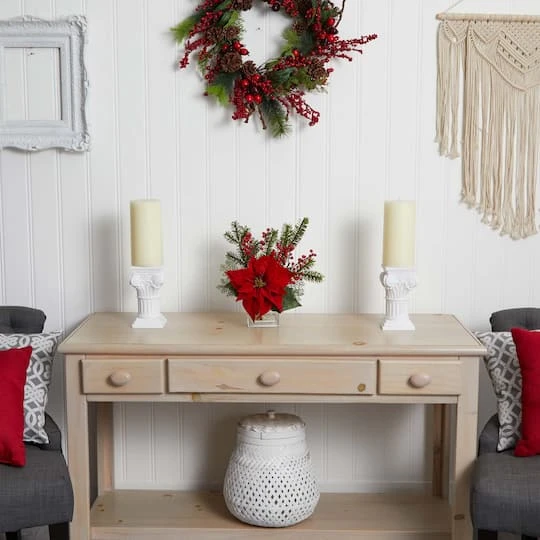 14" Potted Poinsettia, Pine & Berry Artificial Arrangement 3 14" Potted Poinsettia, Pine & Berry Artificial Arrangement - Image 3