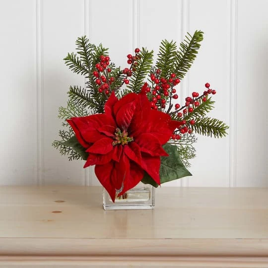 14" Potted Poinsettia, Pine & Berry Artificial Arrangement 4 14" Potted Poinsettia, Pine & Berry Artificial Arrangement - Image 4