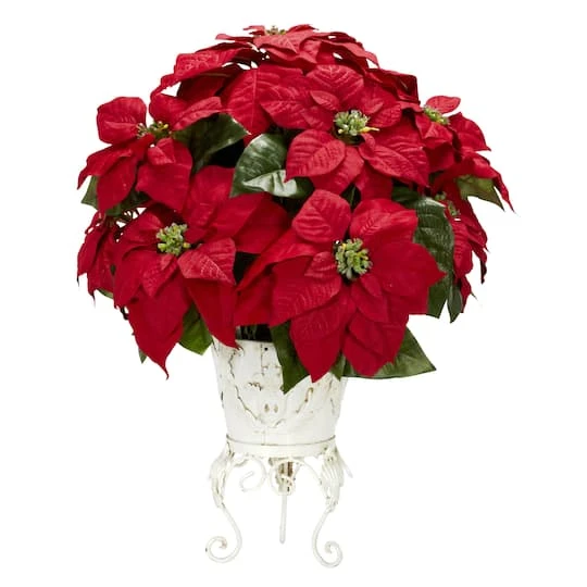 21" Potted Poinsettia With White Metal Planter 1 21" Potted Poinsettia With White Metal Planter