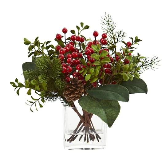 12" Berry, Pine & Boxwood Arrangement With Glass Vase 2 12" Berry, Pine & Boxwood Arrangement With Glass Vase - Image 2