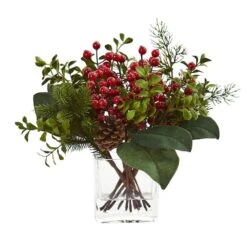 12" Berry, Pine & Boxwood Arrangement With Glass Vase