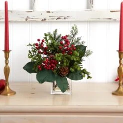 12" Berry, Pine & Boxwood Arrangement With Glass Vase 6 12" Berry, Pine & Boxwood Arrangement With Glass Vase -Northlight Decor Store D252179S 12