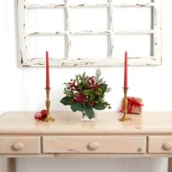 12" Berry, Pine & Boxwood Arrangement With Glass Vase 7 12" Berry, Pine & Boxwood Arrangement With Glass Vase -Northlight Decor Store D252179S 13