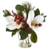 12" Magnolia, Pine & Berry Arrangement In Glass Vase