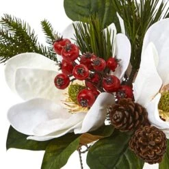 12" Magnolia, Pine & Berry Arrangement In Glass Vase -Northlight Decor Store D252180S 12