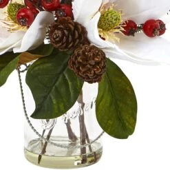 12" Magnolia, Pine & Berry Arrangement In Glass Vase -Northlight Decor Store D252180S 13
