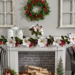 12" Magnolia, Pine & Berry Arrangement In Glass Vase -Northlight Decor Store D252180S 15