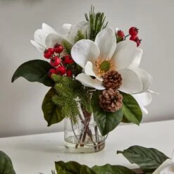 12" Magnolia, Pine & Berry Arrangement In Glass Vase -Northlight Decor Store D252180S 16