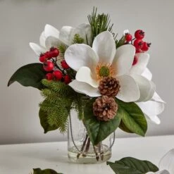 12" Magnolia, Pine & Berry Arrangement In Glass Vase -Northlight Decor Store D252180S 17