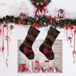 Glitzhome® 22" Red & Black Plaid Bear Stockings, 2ct. -Northlight Decor Store D252879S 2