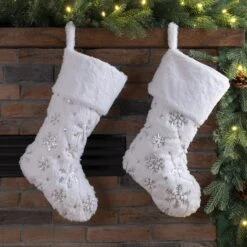 Glitzhome® 21" White Plush With Snowflake Christmas Stocking, 2ct. -Northlight Decor Store D252905S 2