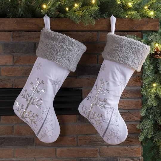 Glitzhome® 21" White Fleece With Christmas Tree & Snowflake Stocking, 2ct. 3 Glitzhome® 21" White Fleece With Christmas Tree & Snowflake Stocking, 2ct. - Image 3