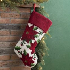 Glitzhome® 21" Poinsettia Hooked Stocking 9 Glitzhome® 21" Poinsettia Hooked Stocking -Northlight Decor Store D252944S 2