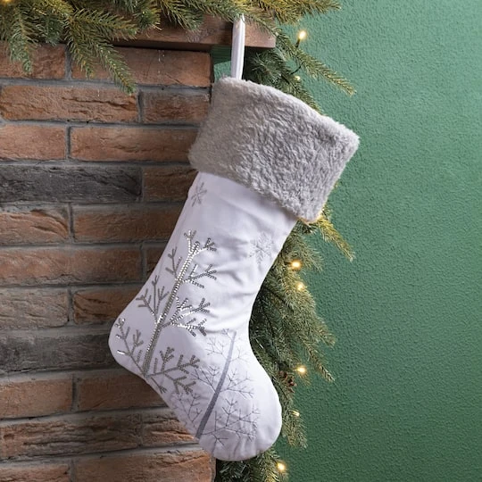 Glitzhome® 21" White Fleece With Christmas Tree & Snowflake Stocking 3 Glitzhome® 21" White Fleece With Christmas Tree & Snowflake Stocking - Image 3
