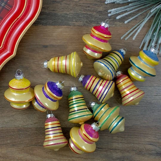 Northlight 12ct. 2.75" Purple & Yellow 2-Finish Striped Glass Finial & Bell Ornaments 6 Northlight 12ct. 2.75" Purple & Yellow 2-Finish Striped Glass Finial & Bell Ornaments - Image 6