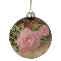 Northlight 5" 2-Finish Brown & Pink Floral Applique Glass Ball Ornament