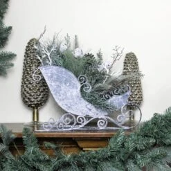 Northlight 9.5" Gray & Green Frosted Pinecone In Foliage Filled Tabletop Sleigh -Northlight Decor Store D253931S 13