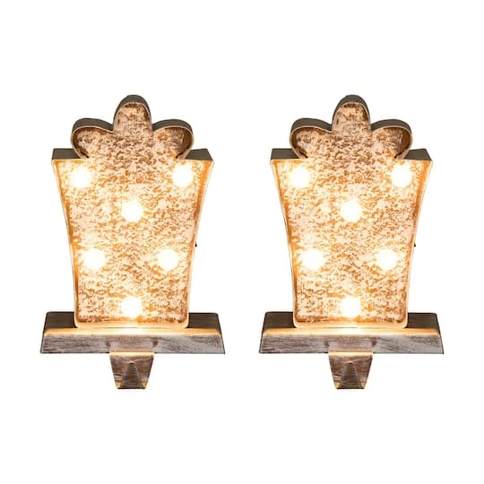 Glitzhome® 7.5" Pre-Lit Marquee Wooden Metal LED Gift Box Stocking Holder, 2ct. 1 Glitzhome® 7.5" Pre-Lit Marquee Wooden Metal LED Gift Box Stocking Holder, 2ct.