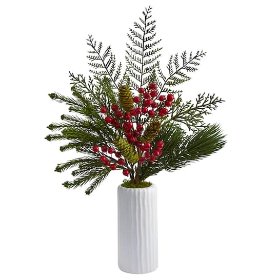23" Mixed Pine, Pinecone & Berry Arrangement In White Vase 1 23" Mixed Pine, Pinecone & Berry Arrangement In White Vase