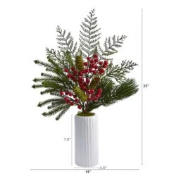 23" Mixed Pine, Pinecone & Berry Arrangement In White Vase 6 23" Mixed Pine, Pinecone & Berry Arrangement In White Vase -Northlight Decor Store D255790S 2