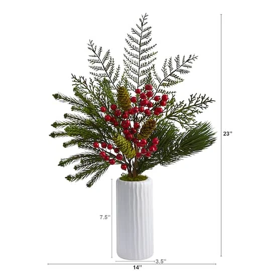 23" Mixed Pine, Pinecone & Berry Arrangement In White Vase 3 23" Mixed Pine, Pinecone & Berry Arrangement In White Vase - Image 3