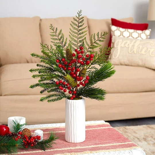 23" Mixed Pine, Pinecone & Berry Arrangement In White Vase 4 23" Mixed Pine, Pinecone & Berry Arrangement In White Vase - Image 4