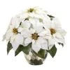 14" White Poinsettia Arrangement In Designer Silver Bowl