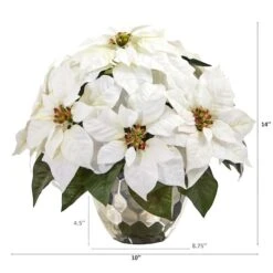 14" White Poinsettia Arrangement In Designer Silver Bowl -Northlight Decor Store D292864S 12