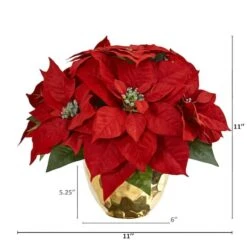 11" Red Poinsettia Arrangement In Golden Vase -Northlight Decor Store D292878S 12