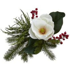13" Magnolia, Berries & Pine Arrangement In Vase -Northlight Decor Store D322255S 2