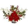 18" Red Poinsettia, Dogwood, Berry & Pine Artificial Arrangement In Silver Vase